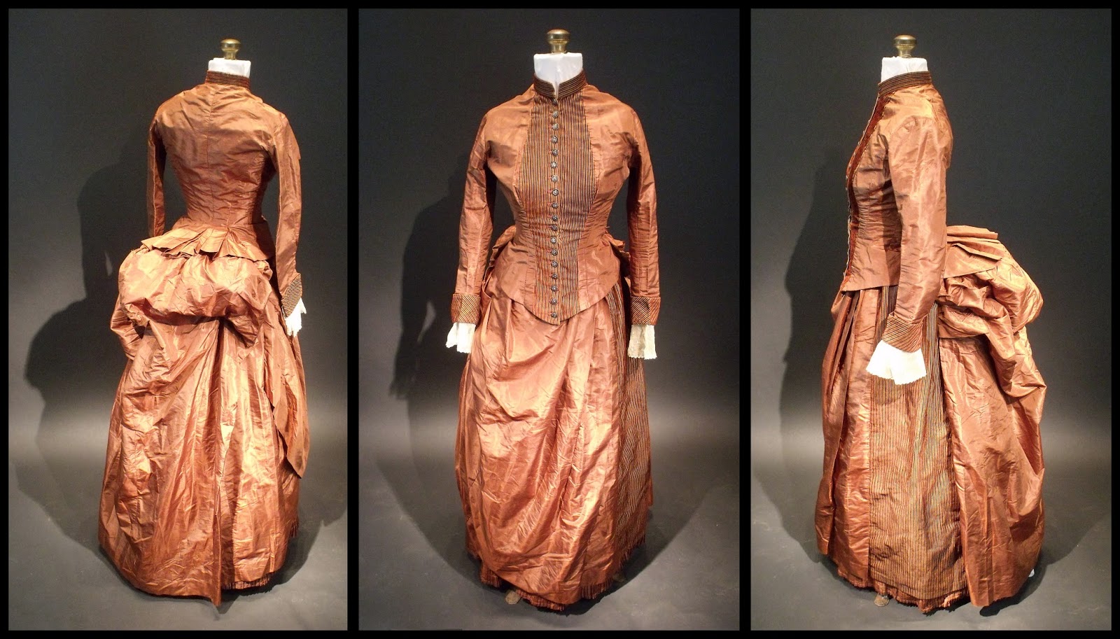 Image of Mid-1880s two-piece bustle dress of bronze silk with striped rust velvet accents and lace cuffs