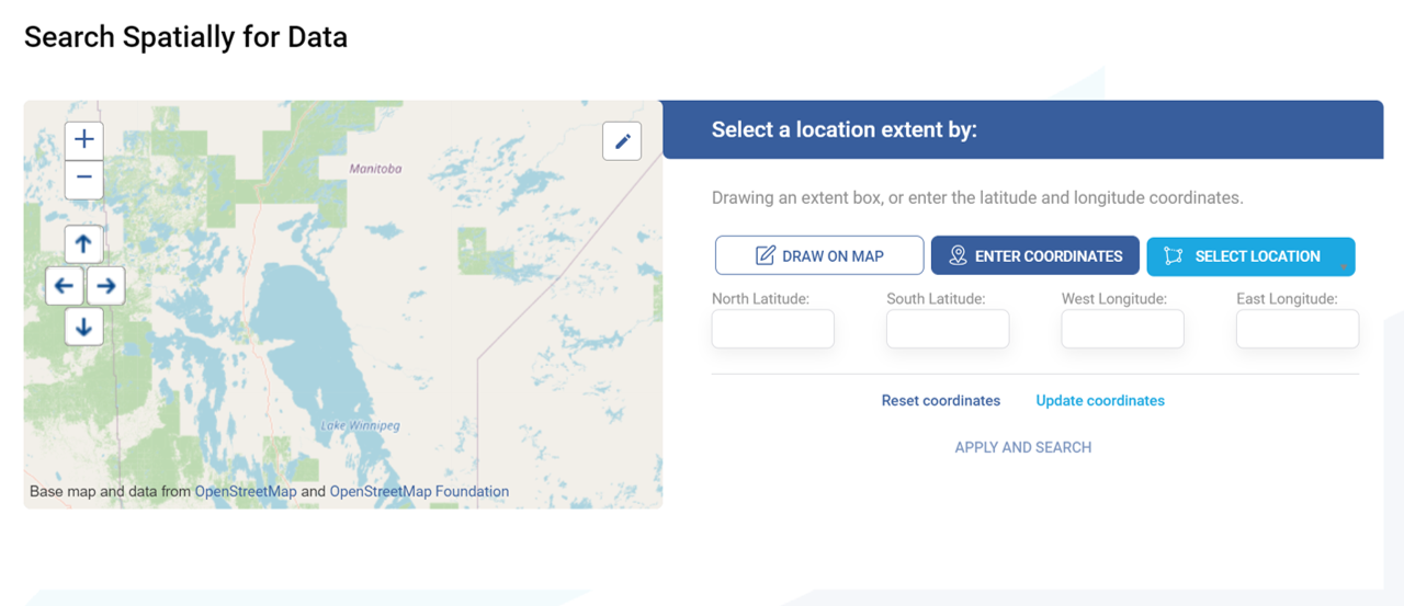 Spatial search options on CanWIN's home page.