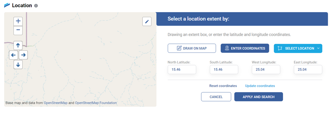 Enter coordinates in spatial search on dataset page.