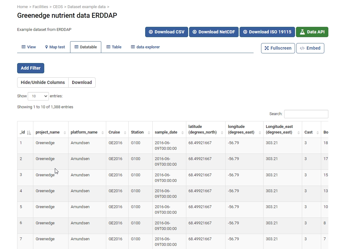 Image showing datatable with buttons for download metadata in iso19115, netcdf and csv