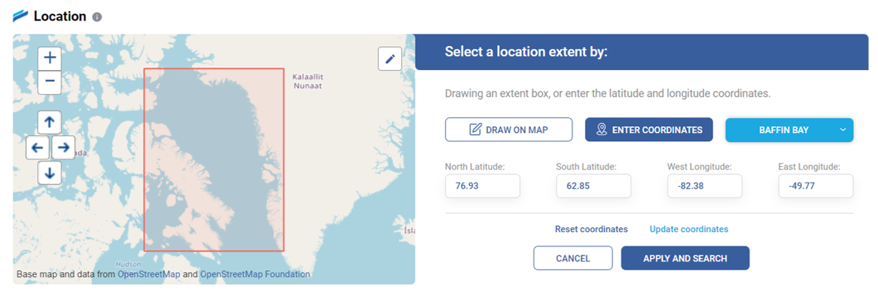 Select location spatial search results on dataset page.